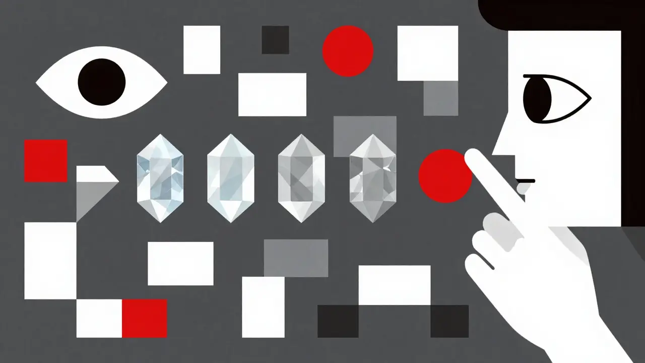 Cubist art showing a fragmented human eye and hand reviewing geometric data blocks for quality.
