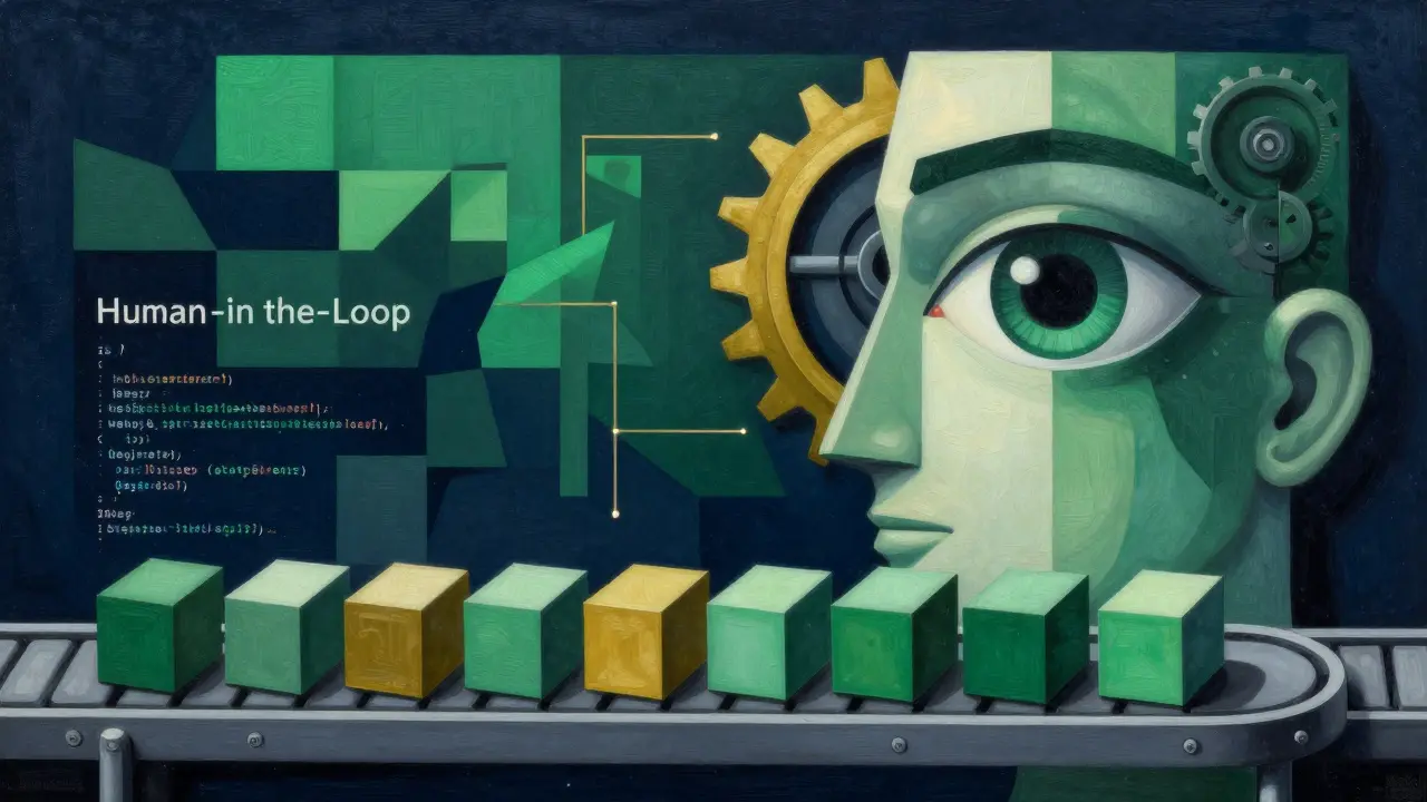 Cubist art showing a human eye and gears auditing a stream of code blocks.