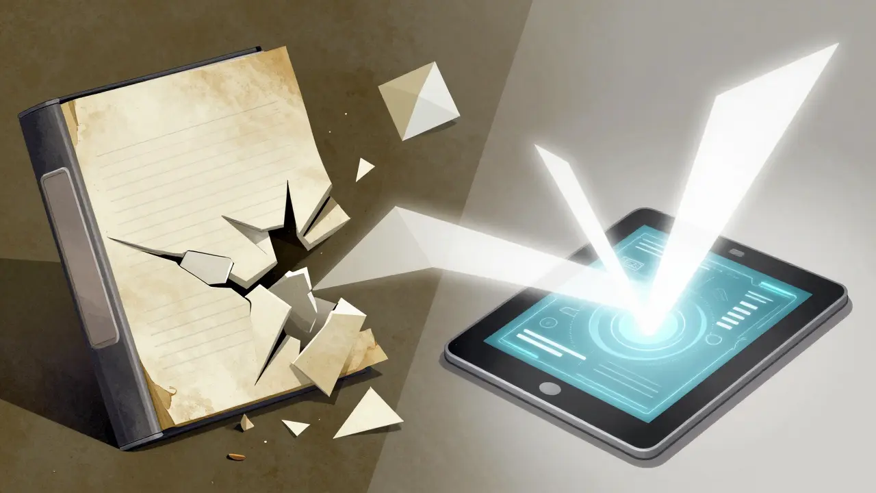 Cubist art showing a paper manual transforming into a digital AI interface