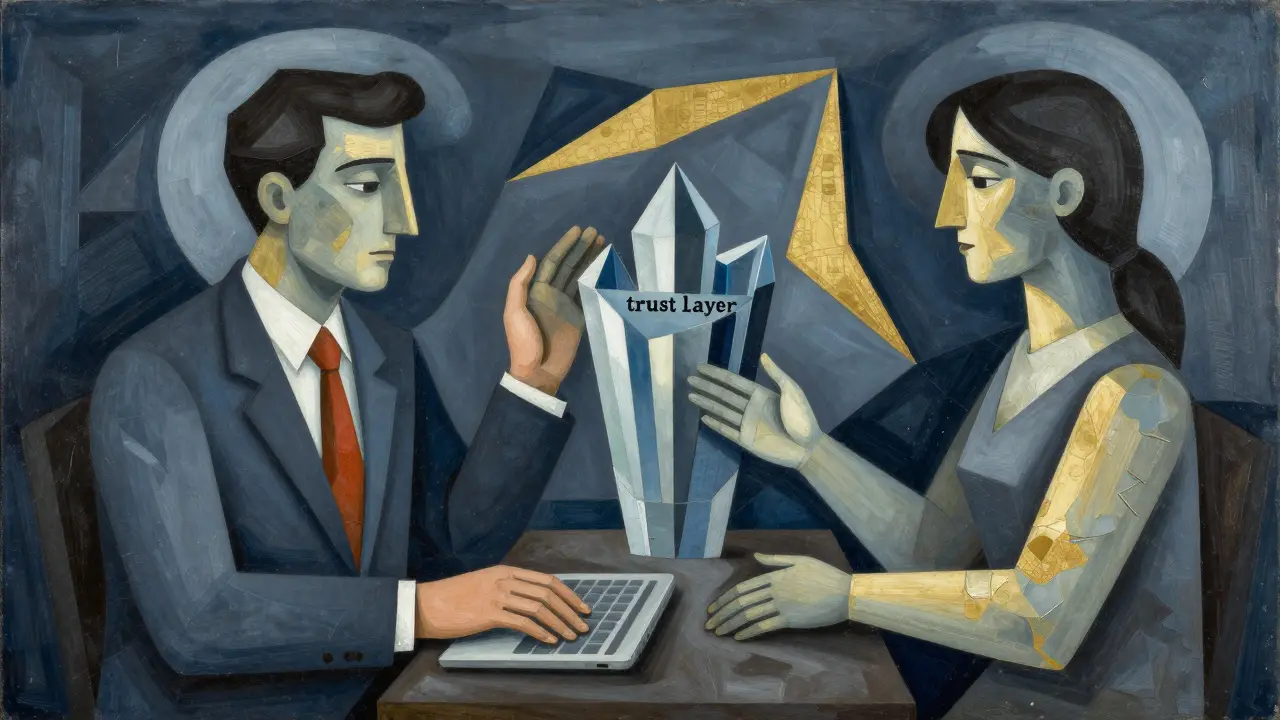 Cubist art showing a public servant working alongside an abstract AI copilot.
