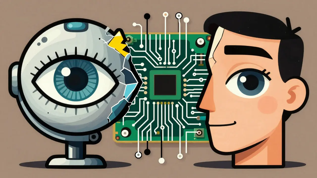 Cubist art showing the merger of a human eye and robotic eye for hybrid AI evaluation.