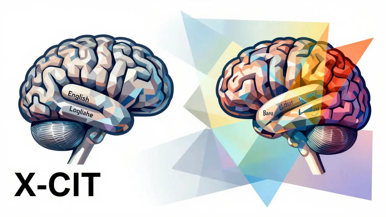 Cubist artwork showing a brain's logic refracting into multiple different colorful languages.