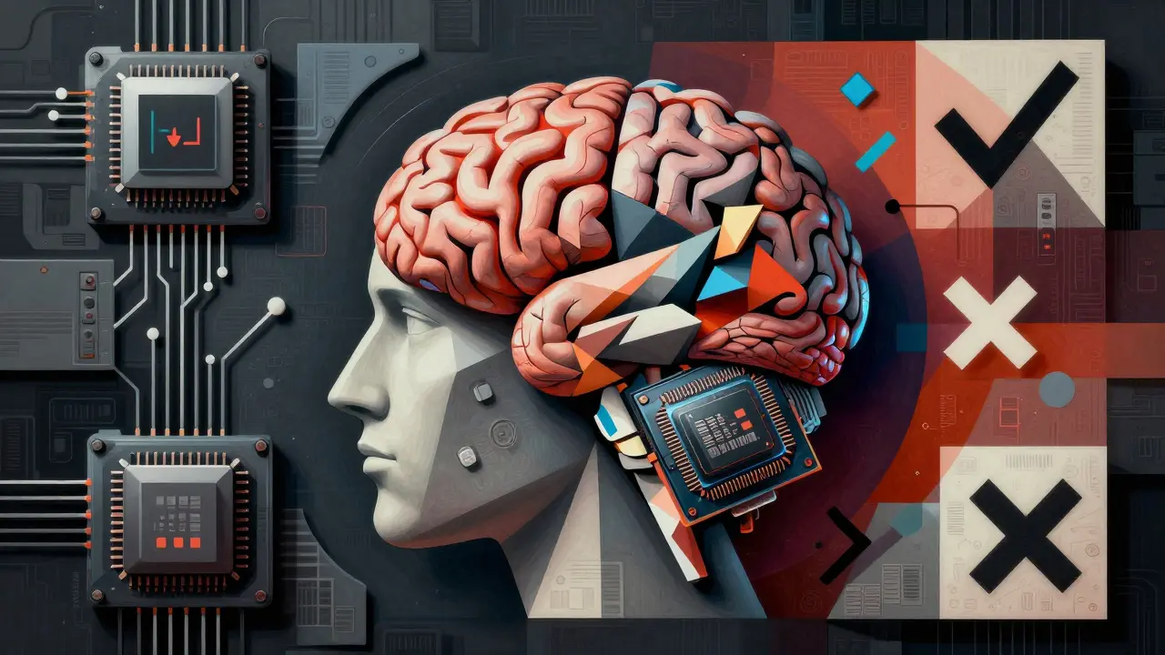Cubist artwork showing a fragmented brain and processor representing AI reasoning