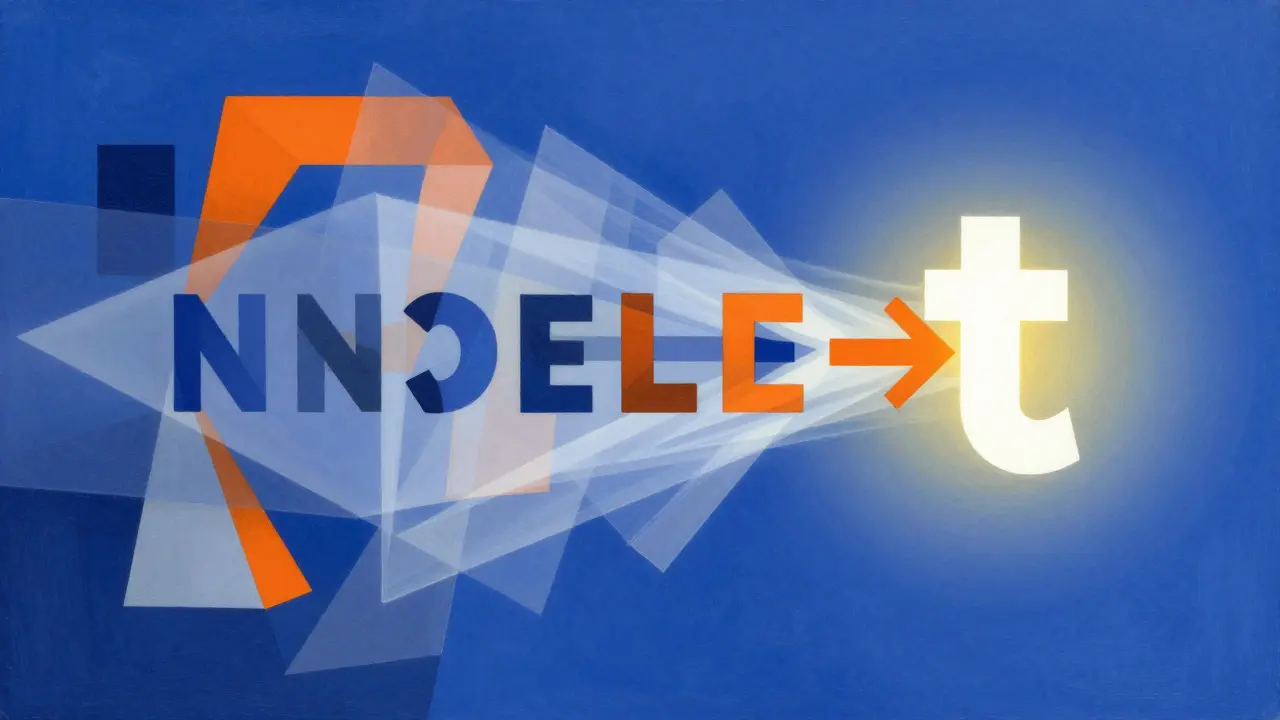 Cubist artwork showing a linear stream of geometric shapes moving forward