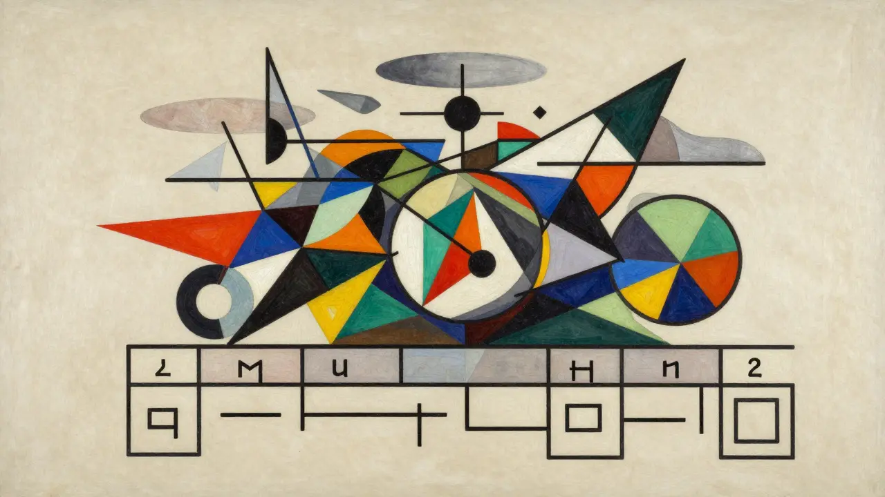 Cubist artwork showing the progression from simple syntax to complex reasoning in layers