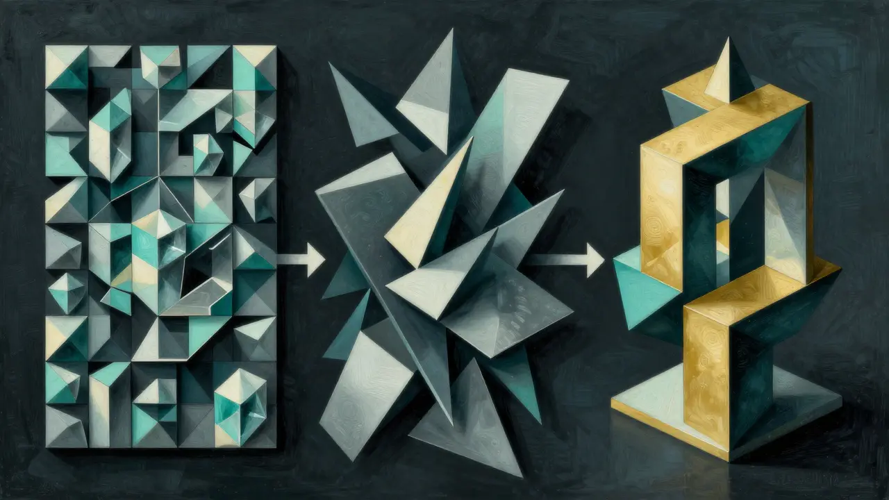 Cubist artwork showing the progression of AI governance from data collection to deployment.