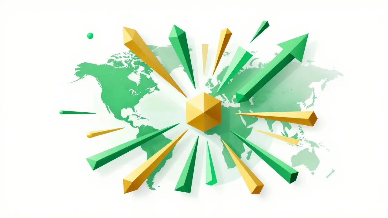 Cubist composition of gold and green geometric prisms symbolizing AI business growth