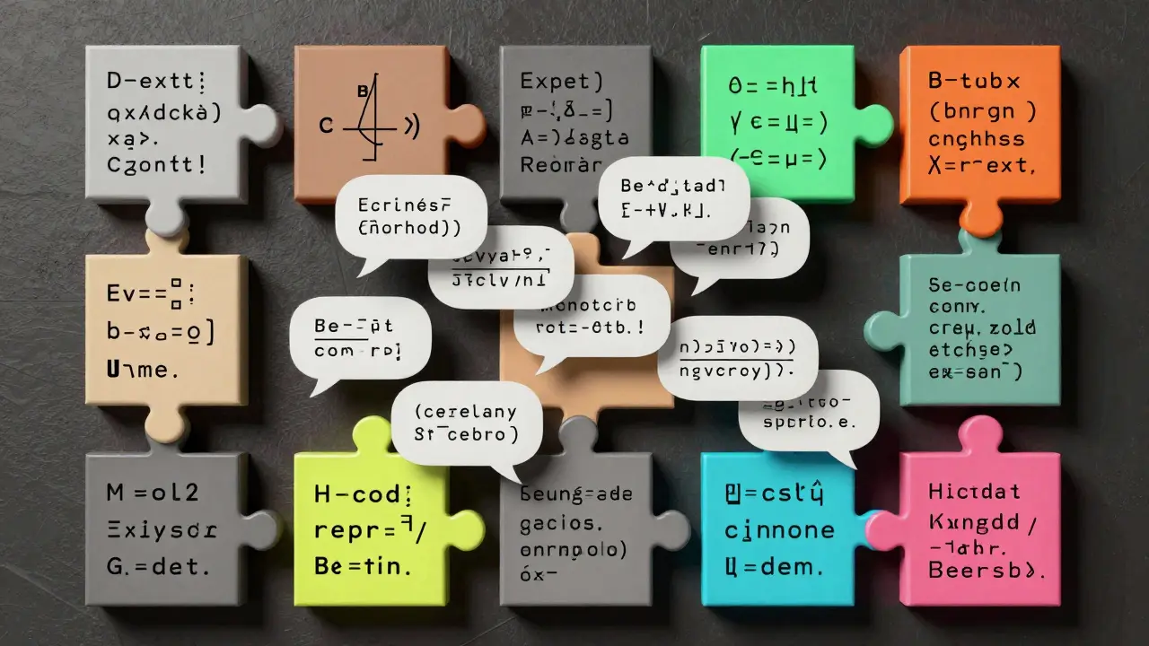Cubist composition of interlocking geometric blocks and mixed linguistic symbols.