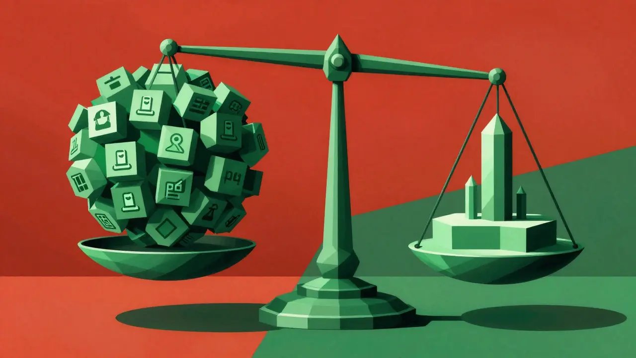 Cubist depiction of a balance scale weighing data tokens against model architecture.