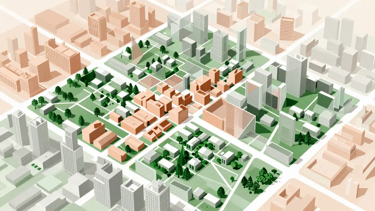 Cubist depiction of a city map with overlapping geometric zones for urban planning.