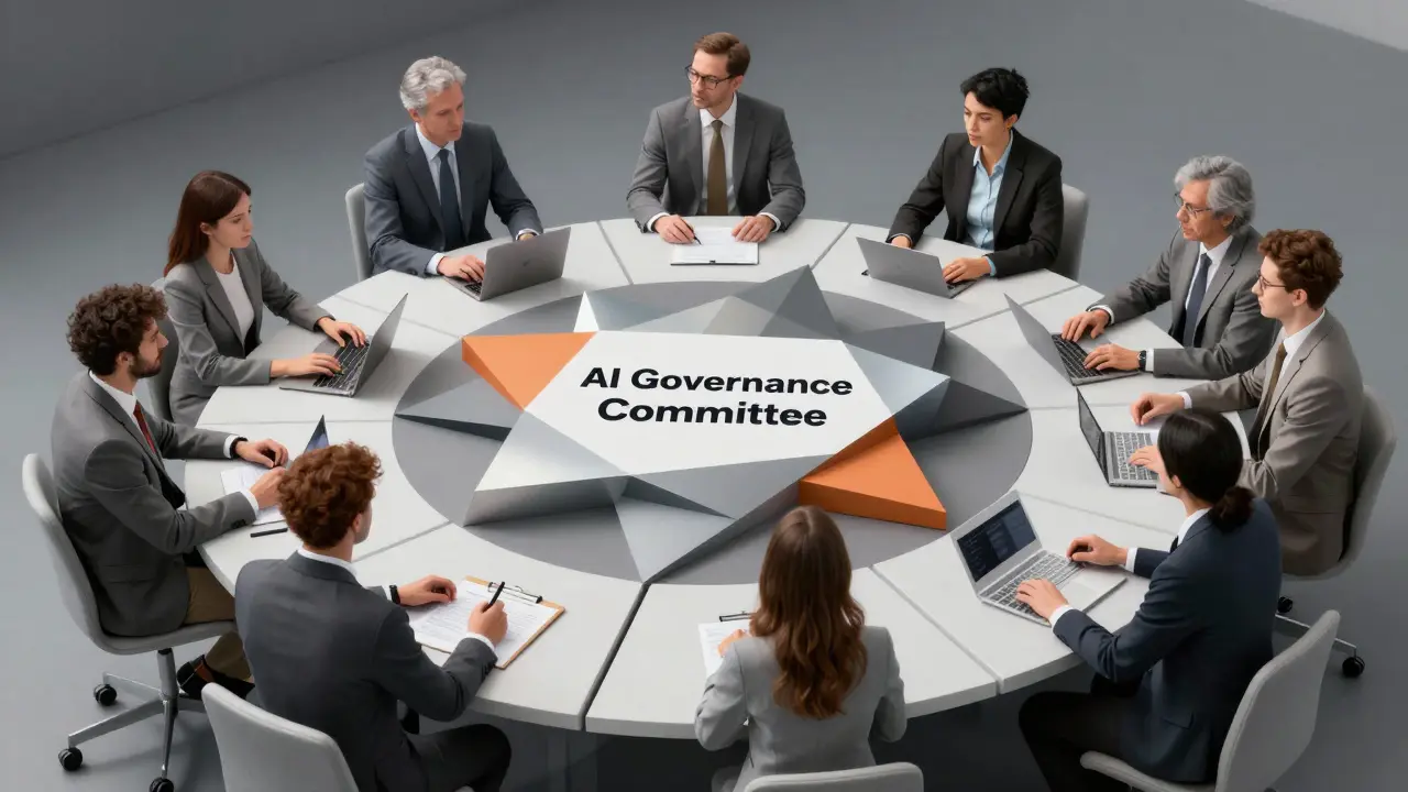 Cubist depiction of a diverse governance committee seen from multiple geometric perspectives.