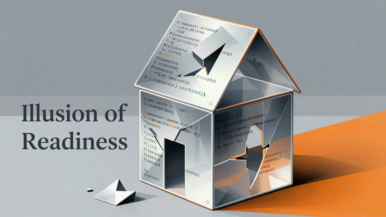 Cubist depiction of a fragile house of cards made from code blocks collapsing.