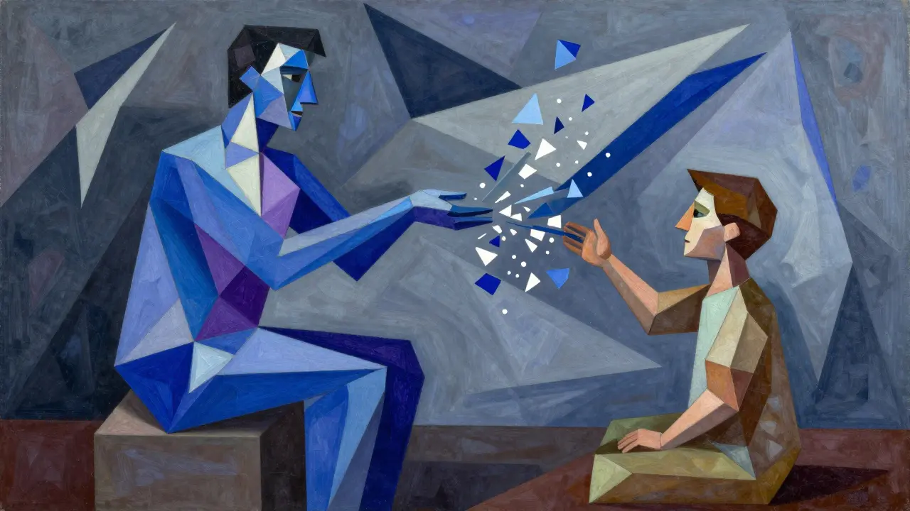 Cubist depiction of a large geometric figure transferring fragmented data shapes to a smaller figure.
