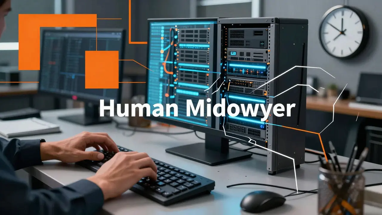 Cubist depiction of an engineer managing servers at night with fragmented geometric perspectives.