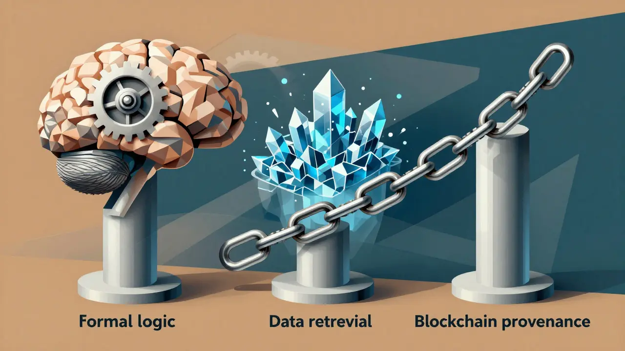 Cubist depiction of formal logic, data retrieval, and blockchain as the pillars of AI verification.