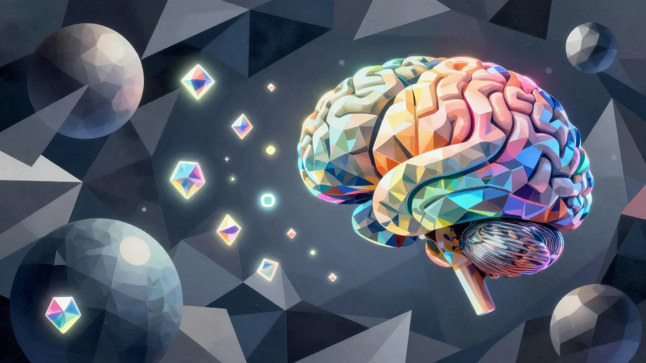 Cubist depiction of iridescent geometric tokens floating toward a crystalline brain
