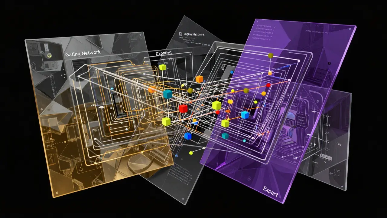 Cubist geometric representation of a neural network gating system routing data tokens