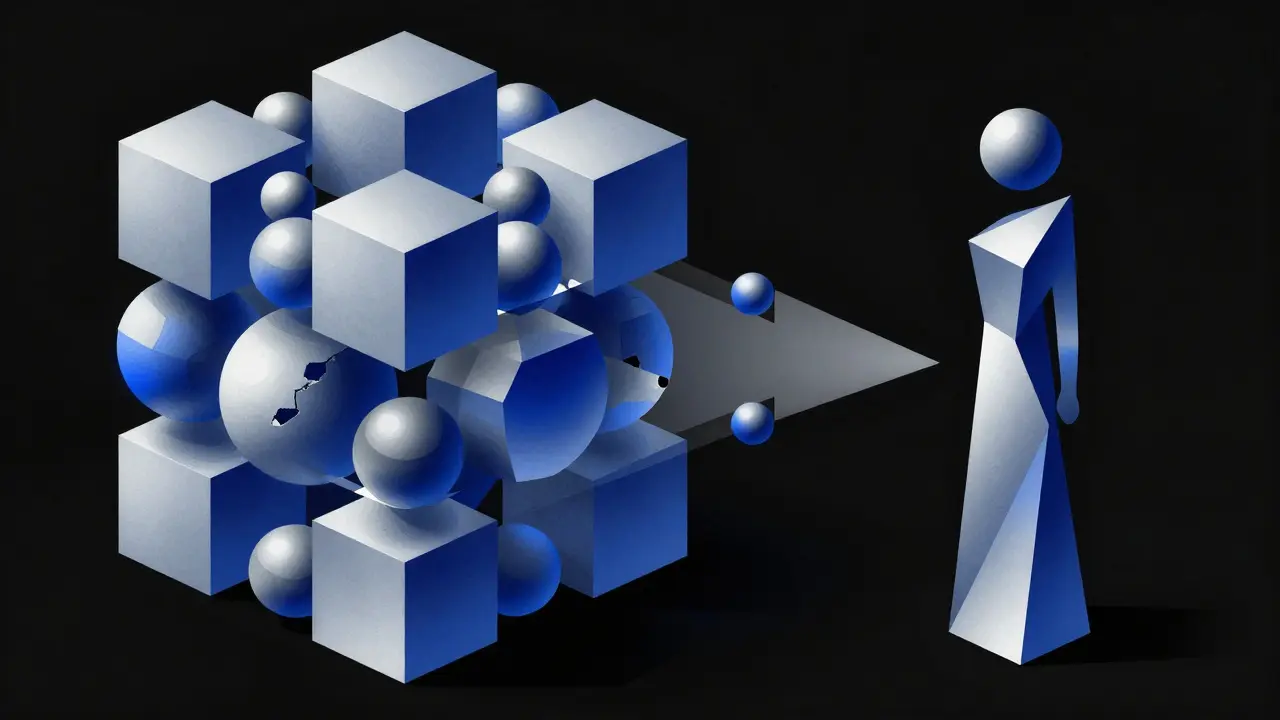 Cubist illustration of a complex geometric structure being compressed into a lean form