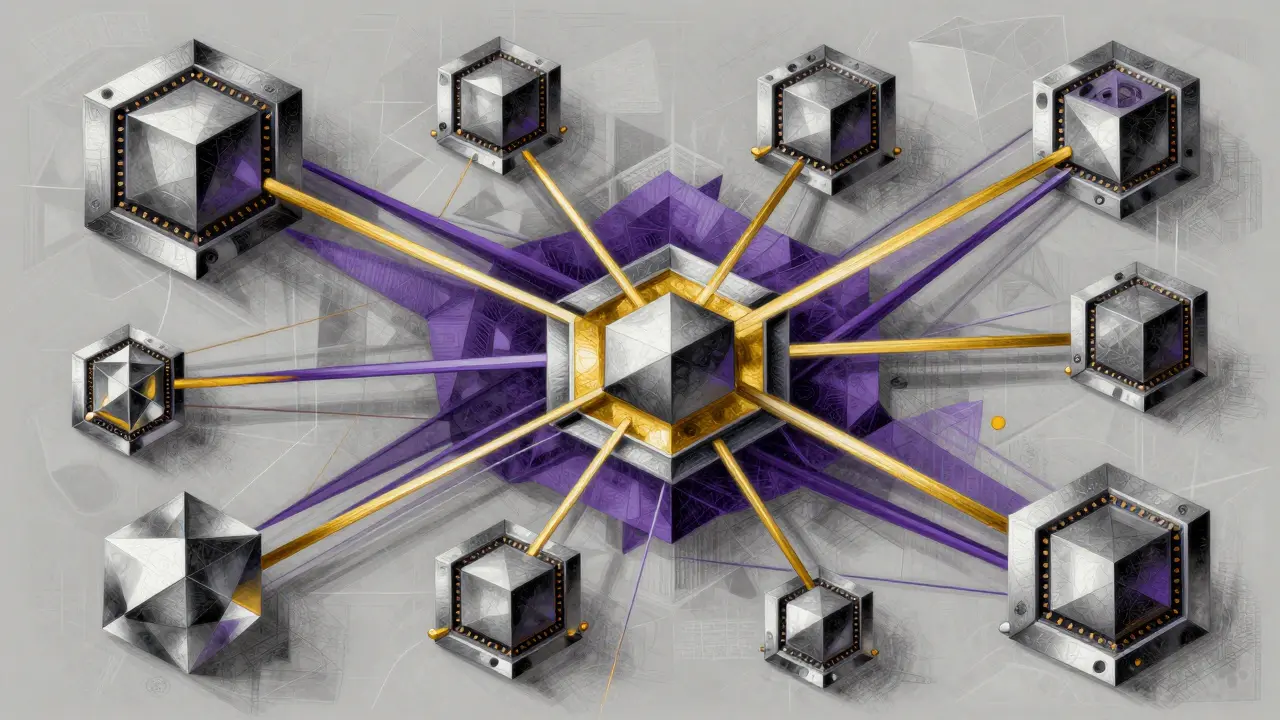 Cubist illustration of a decentralized GPU cluster network with interlocking prisms.