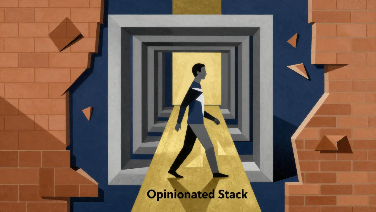 Cubist illustration of a person following a structured geometric path through a chaotic landscape.