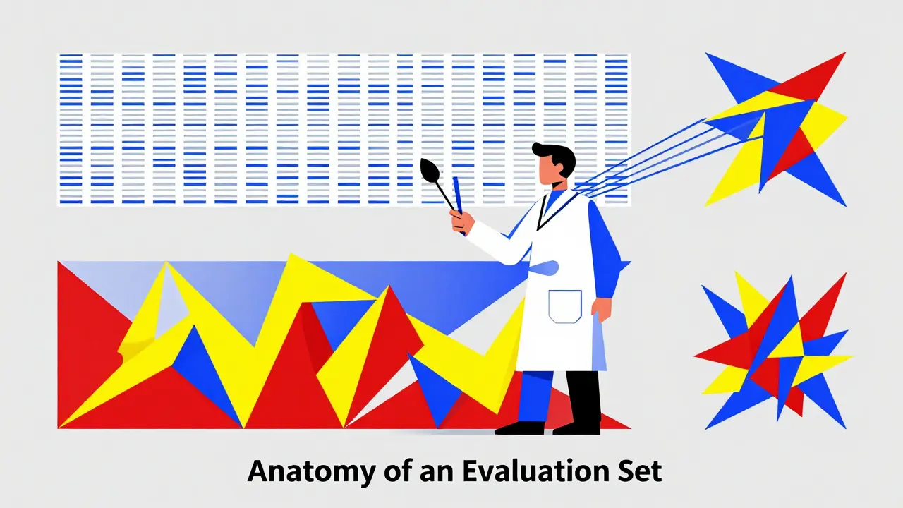 Cubist illustration of a scientist analyzing a dataset split into three geometric difficulty levels