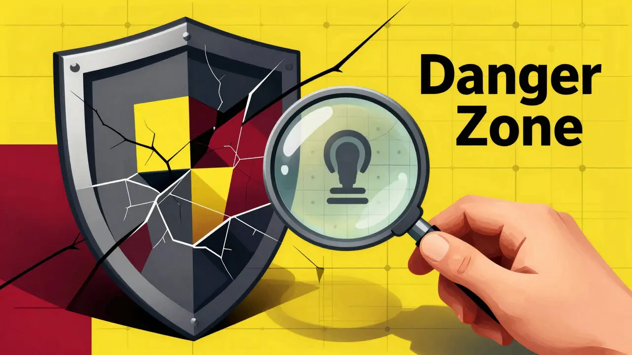 Cubist illustration of a security audit with a fragmented shield and magnifying glass.