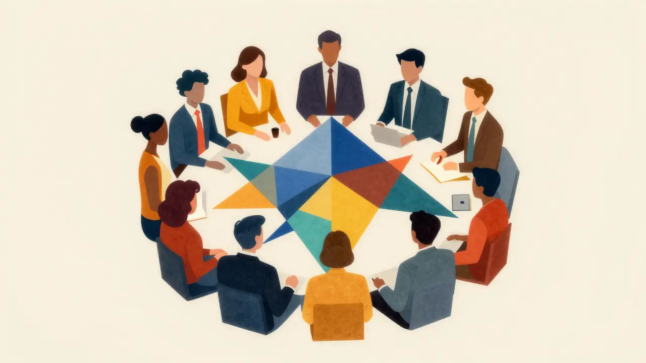 Cubist illustration of a unified group of professionals forming a strategic governance shield.