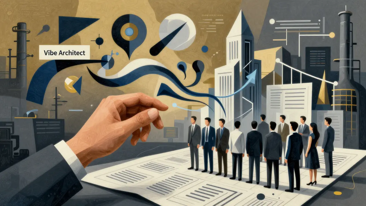 Cubist illustration of a Vibe Architect blending prompts into system blueprints