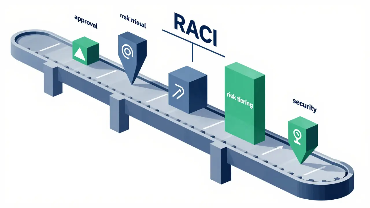Cubist illustration of an AI governance workflow as a series of interlocking geometric planes.