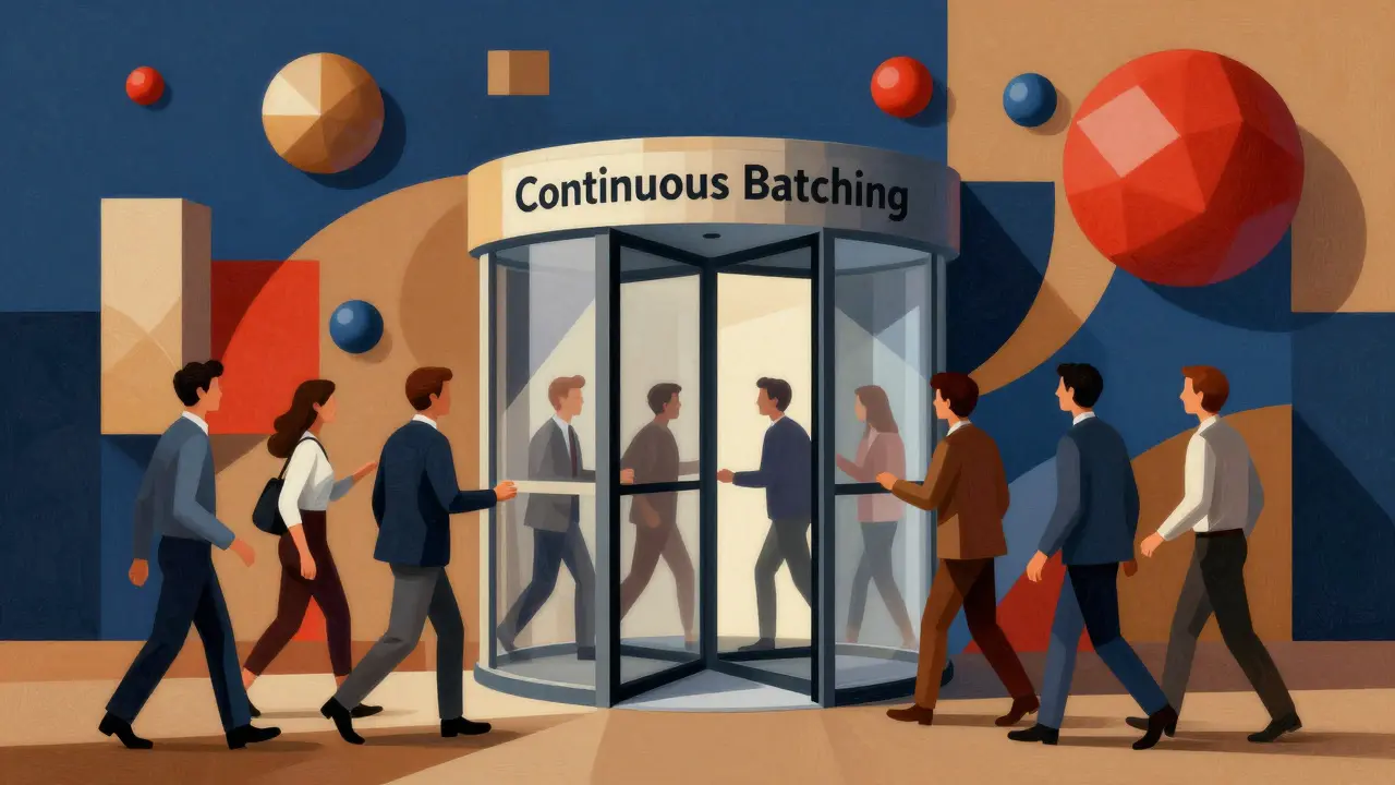 Cubist painting of a geometric revolving door with flowing requests and vibrant colors.