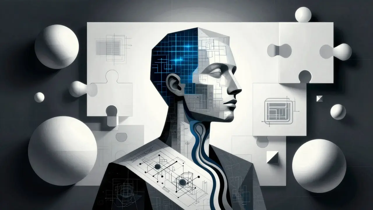 Cubist portrait of a developer as an architect, surrounded by geometric AI model symbols.