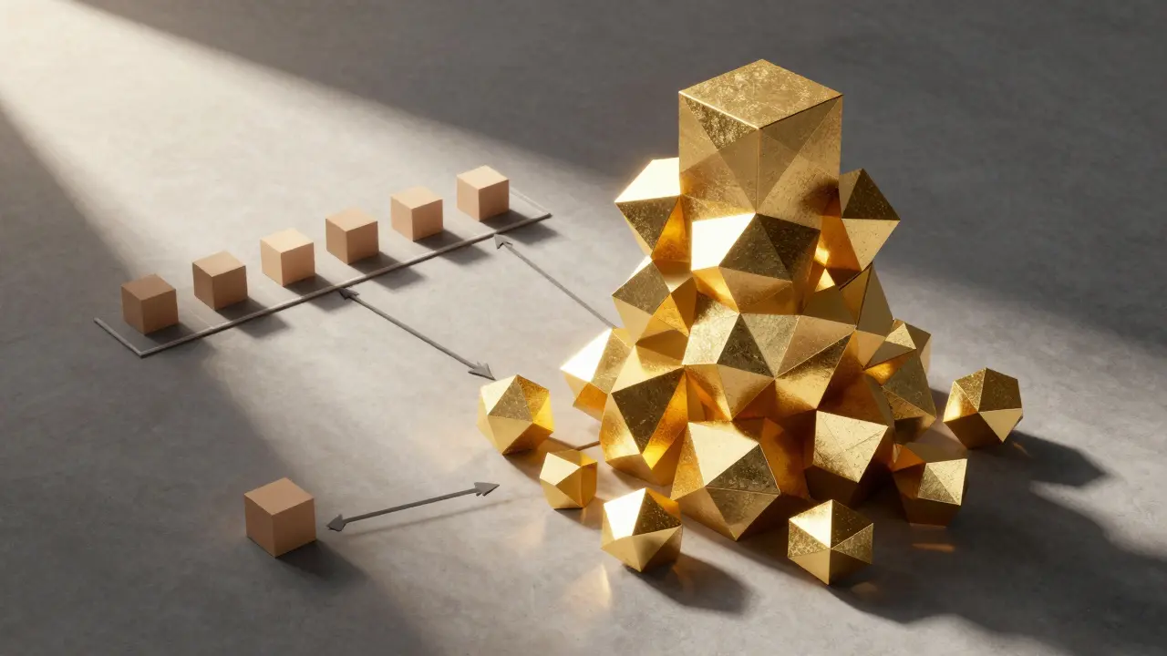 Cubist representation of a hybrid AI routing system directing simple and complex tasks.