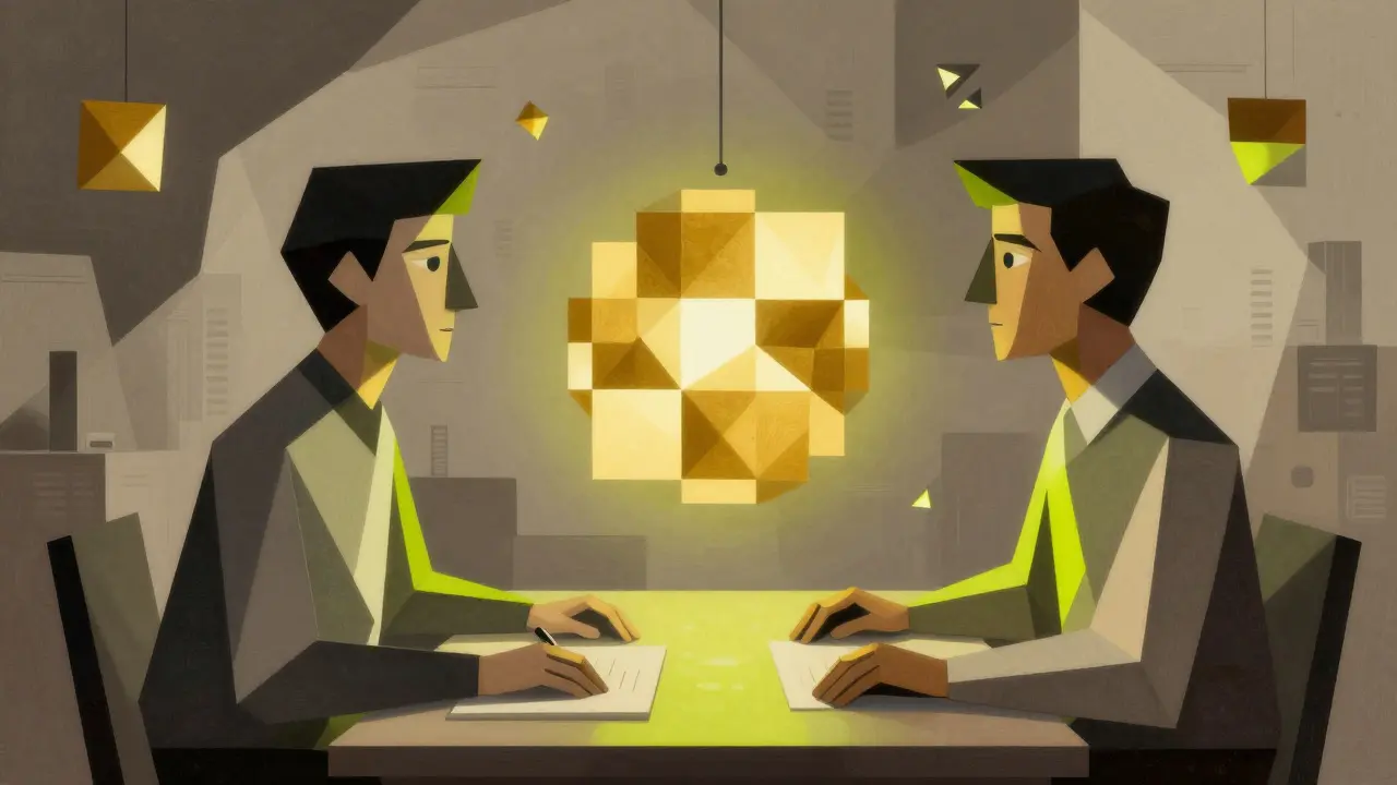 Cubist scene of a human and AI interacting with a golden geometric verification badge.