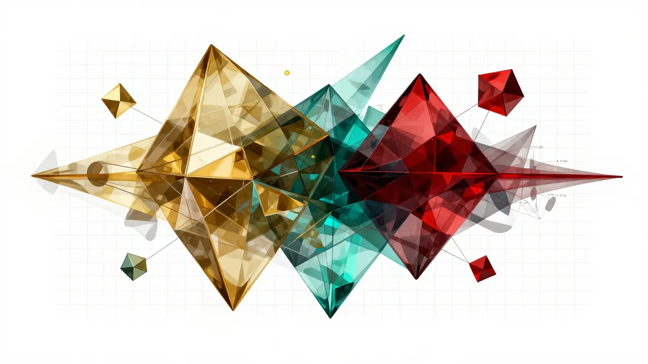 Abstract cubist art showing AI agents optimizing context via shifting geometric forms