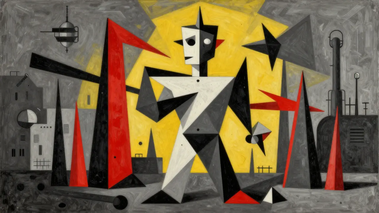Abstract cubist depiction of AI security risks and containment barriers