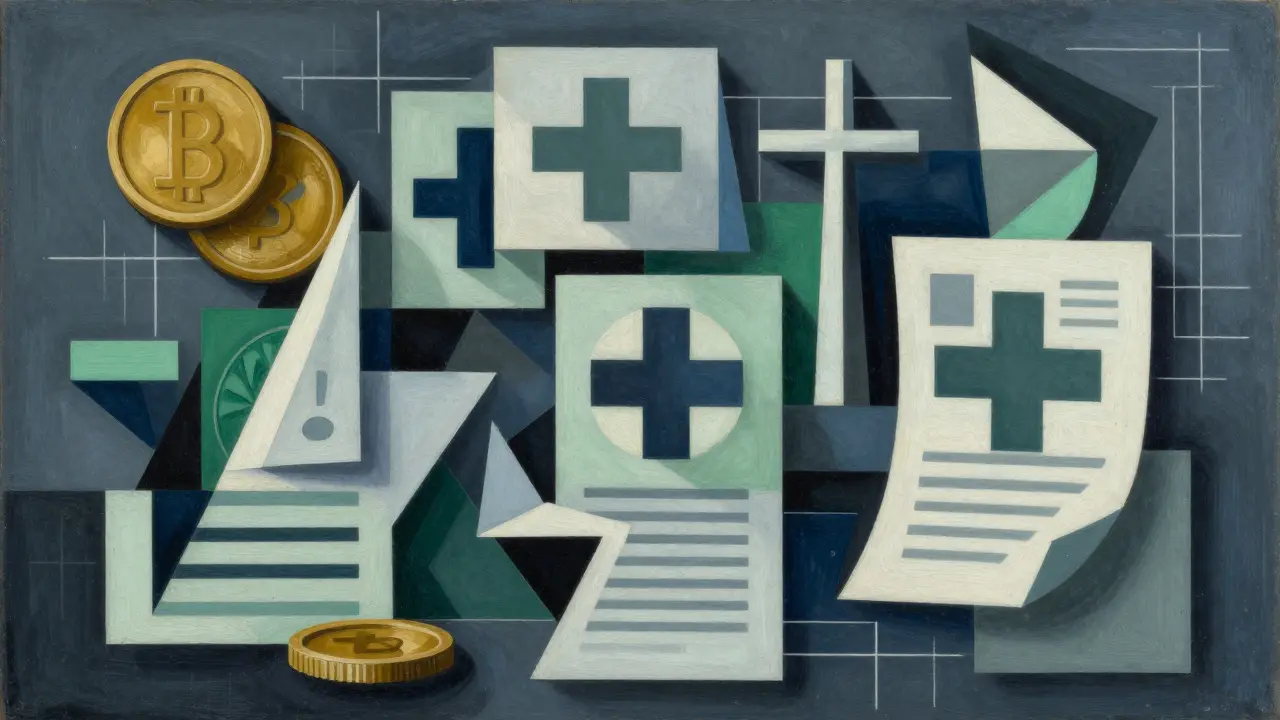 Abstract cubist scene of AI in finance and healthcare sectors