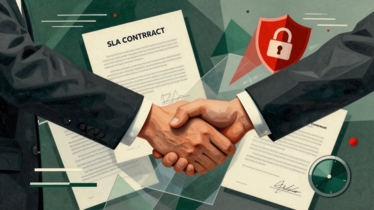 Abstract cubist scene of negotiating AI contracts with security symbols.