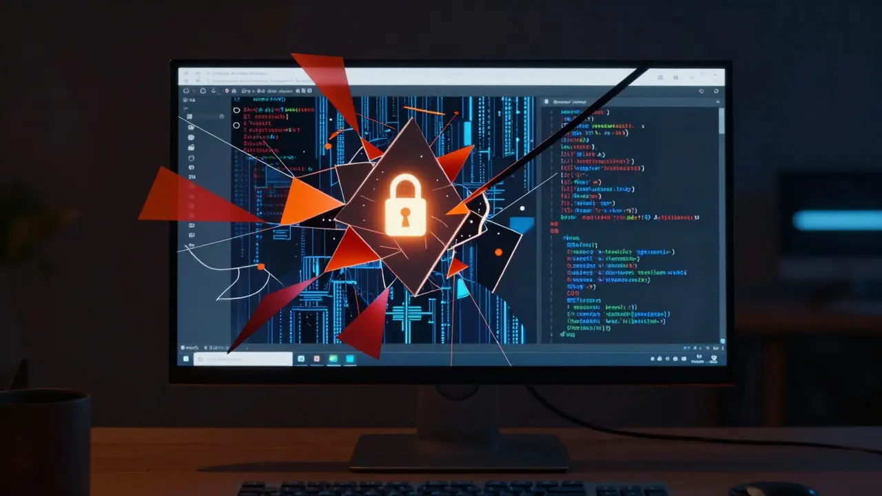 Abstract cubist view of hidden security risks in AI generated code