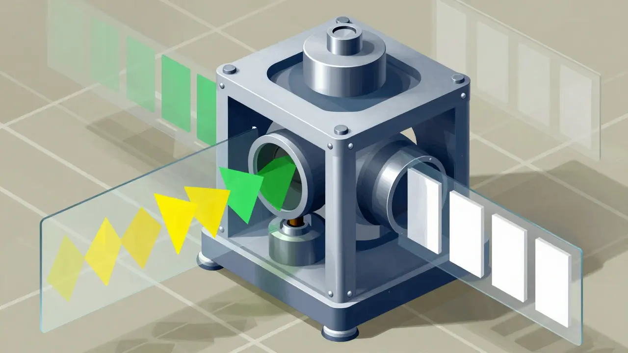 Cubist art of a geometric machine filtering colored data shapes for security