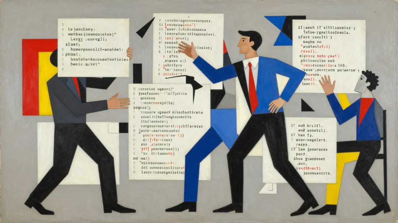 Cubist depiction of a developer amidst fragmented text blocks, showing debugging frustration.