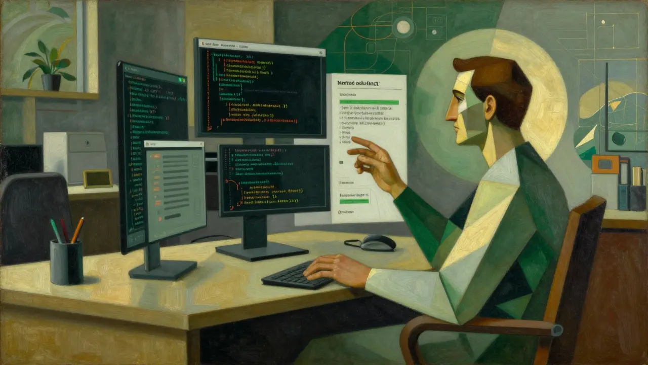 Cubist depiction of a developer curating AI-generated code blocks