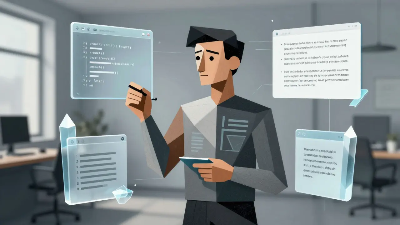 Cubist depiction of a developer surrounded by floating blueprint-like geometric forms