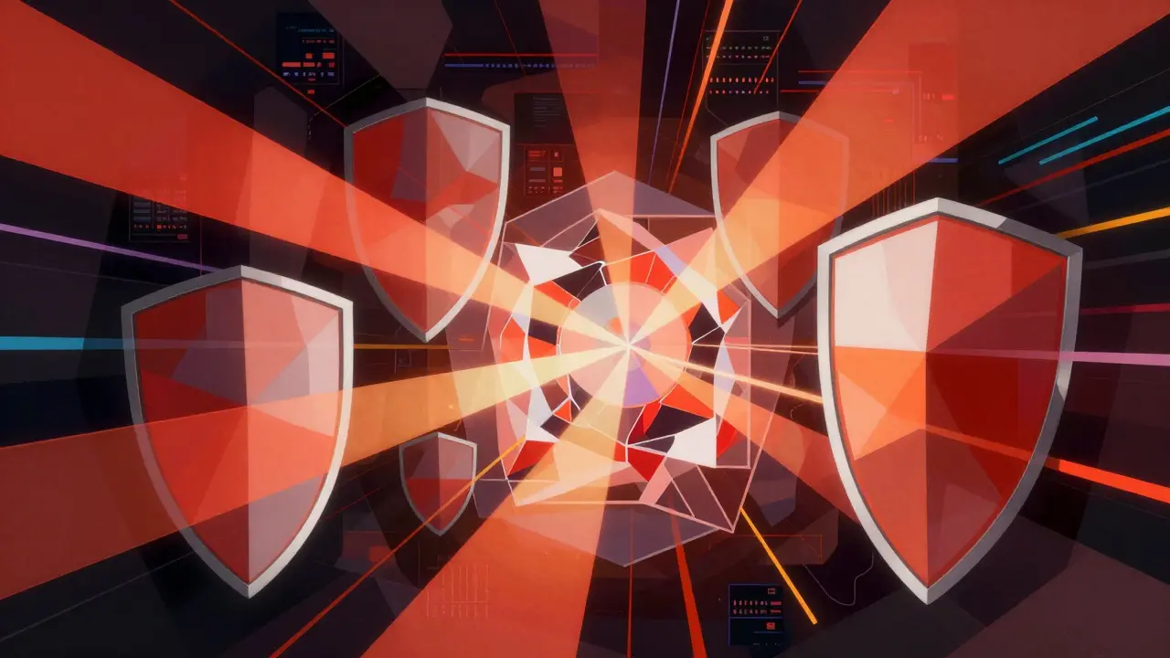 Cubist depiction of abstract shields and scanning beams protecting an AI inference engine.