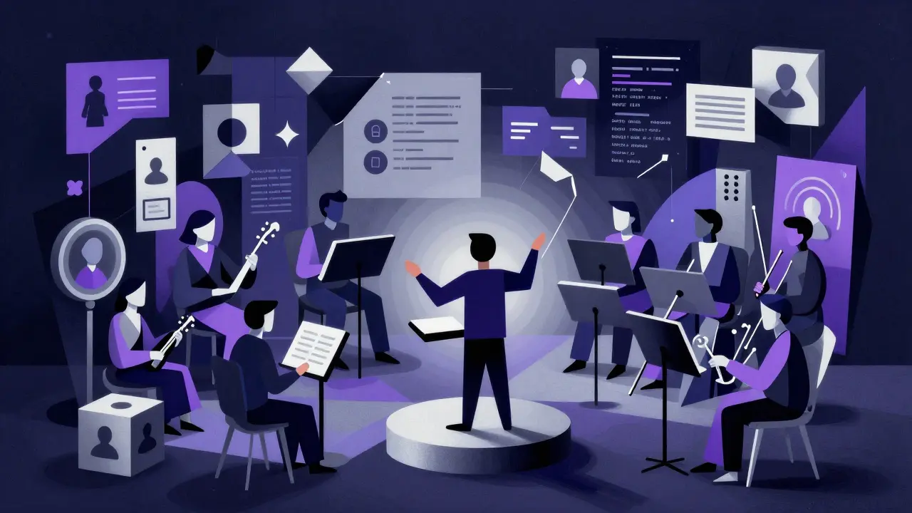 Cubist depiction of AI agents orchestrated by a product manager.