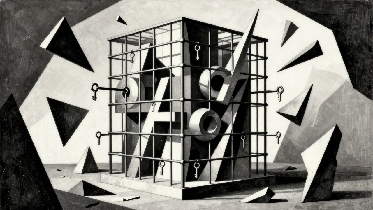 Cubist depiction of an AI system confined within strict geometric boundaries of limited access permissions.