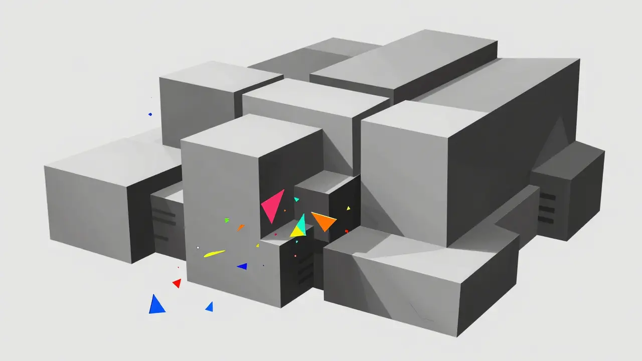 Cubist depiction of frozen model weights with small adaptive fragments.