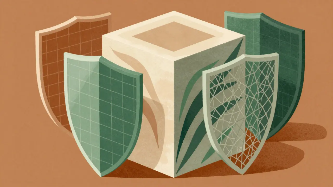 Cubist depiction of layered geometric shields protecting an AI system
