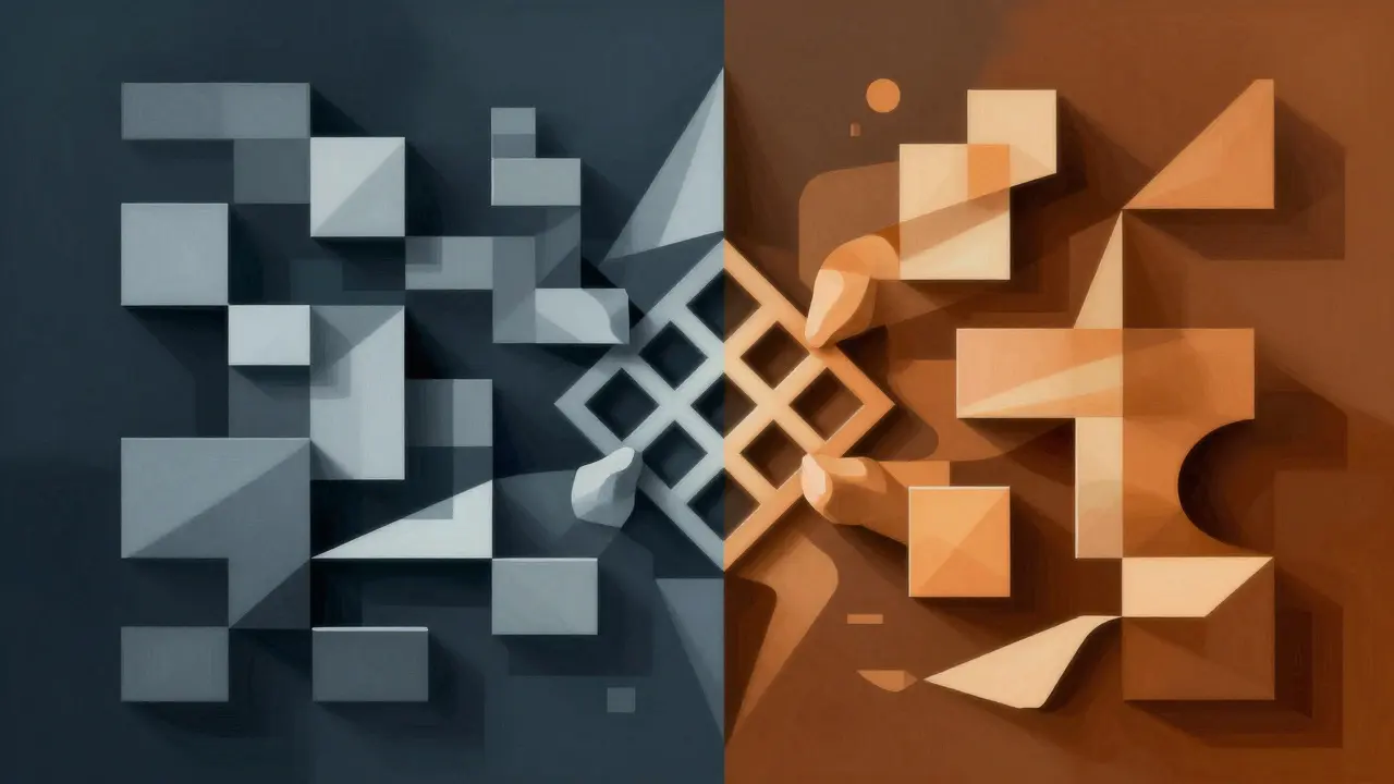 Cubist depiction of split geometric zones representing shared AI responsibility