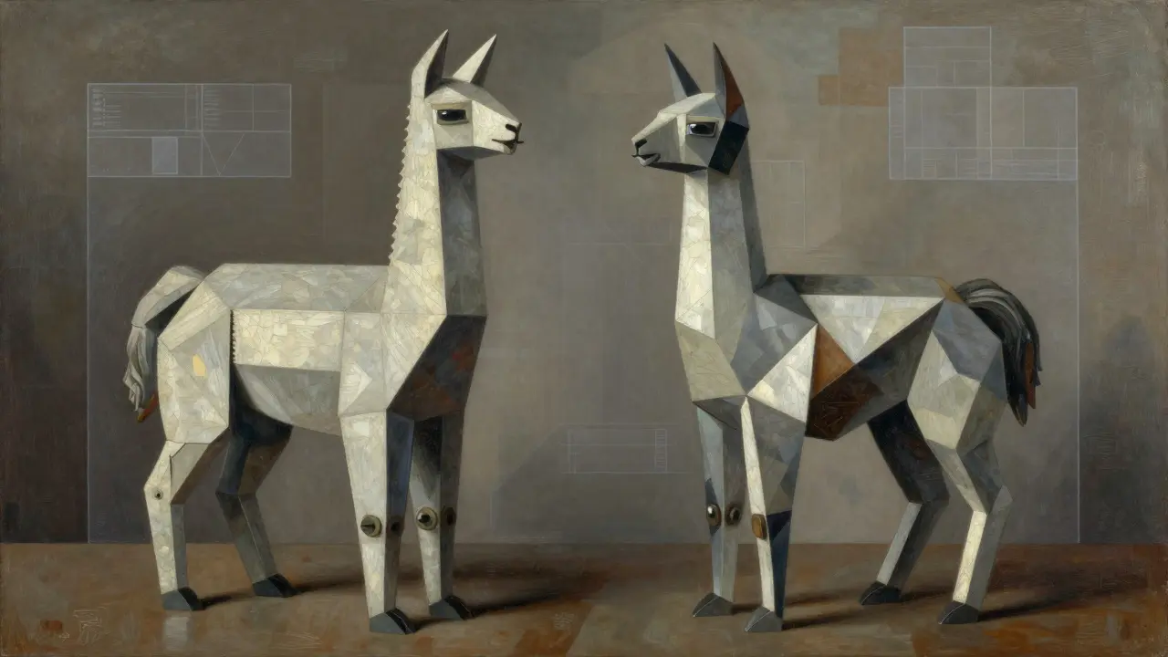 Cubist illustration comparing stable geometric figures to shifting shapes, representing AI robustness.