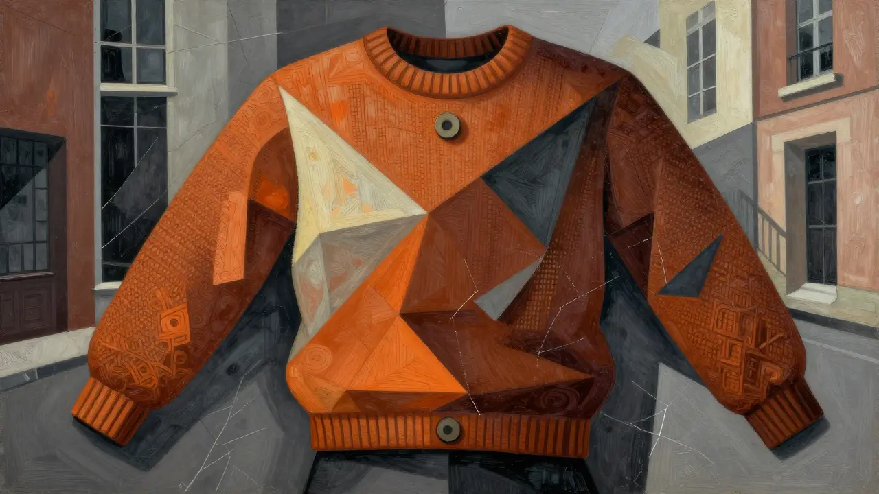 Cubist illustration of a sweater merged with fragmented city background